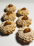 Six Mont Blanc chestnut tarts with ruffled chestnut purée and glazed candied chestnuts, dusted with icing sugar — L'Œuf Atelier
